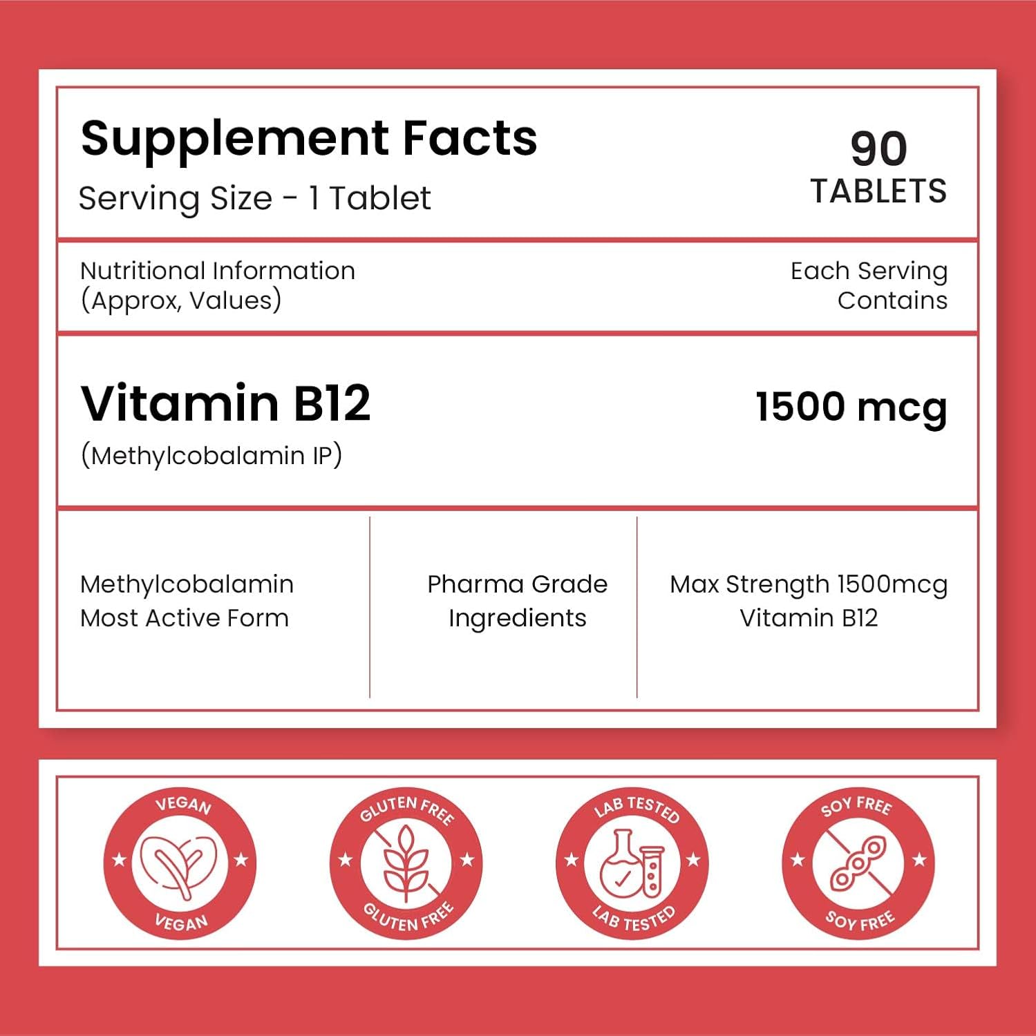 Vlado's Himalayan Organics Methylcobalamin Vitamin B12 1500mcg Supplement for Men & Women - 90 Veg Tablets