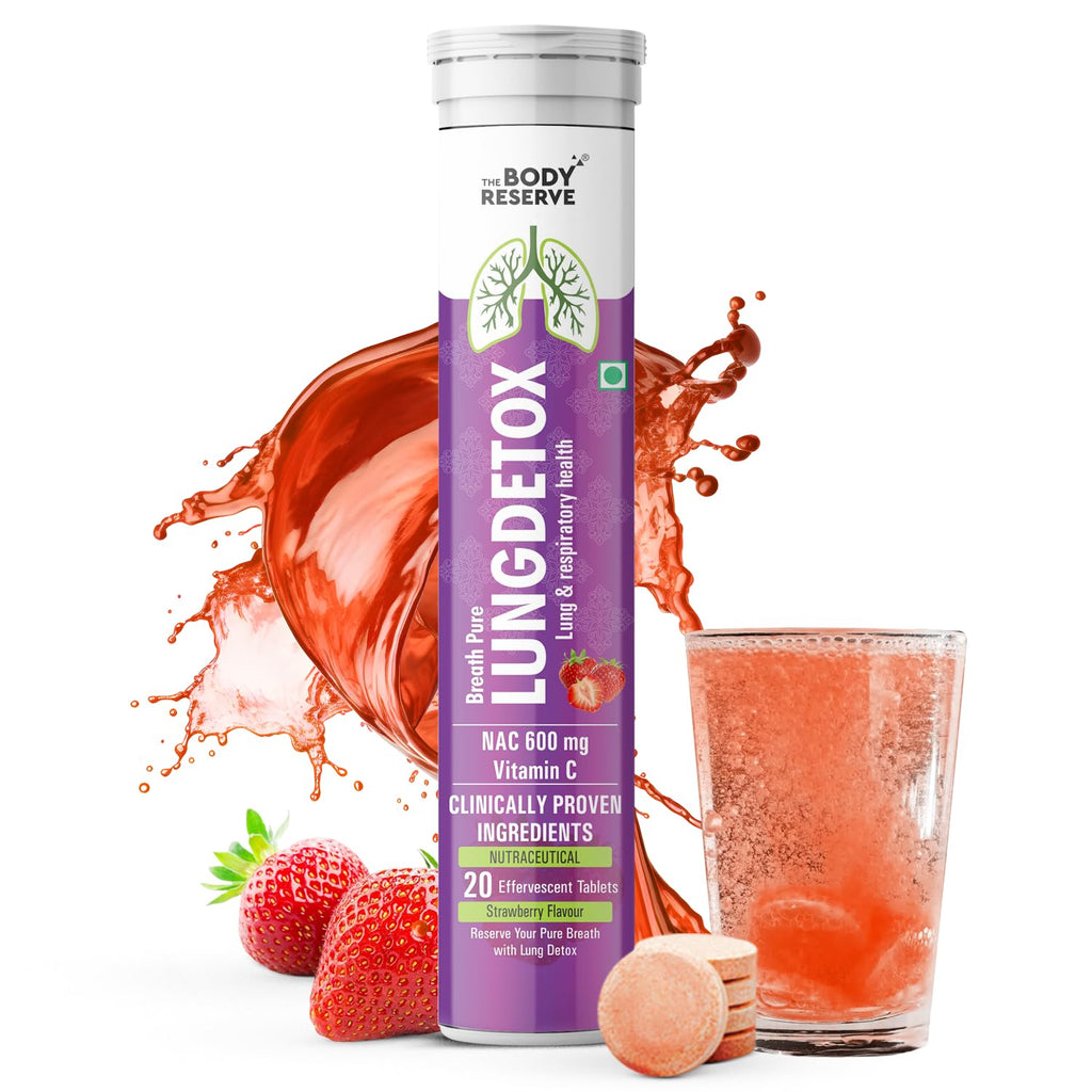 The Body Reserve Lung Detox 20 Effervescent Tablets With N-Acetylcysteine 600mg and Vitamin C | Cleaner Lungs Detoxification and Immune Defence Strawberry Flavour (Pack Of 1)