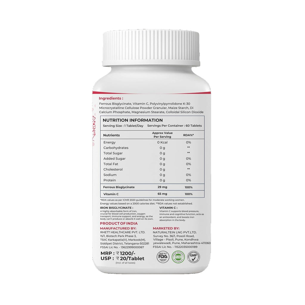 NATURALTEIN Iron Bisglycinate with Vitamin C â€“ 60 Tablets | 14 mg Elemental Iron | Gentle on Stomach | Supports Womenâ€™s Energy, Vitality & Healthy Blood Levels