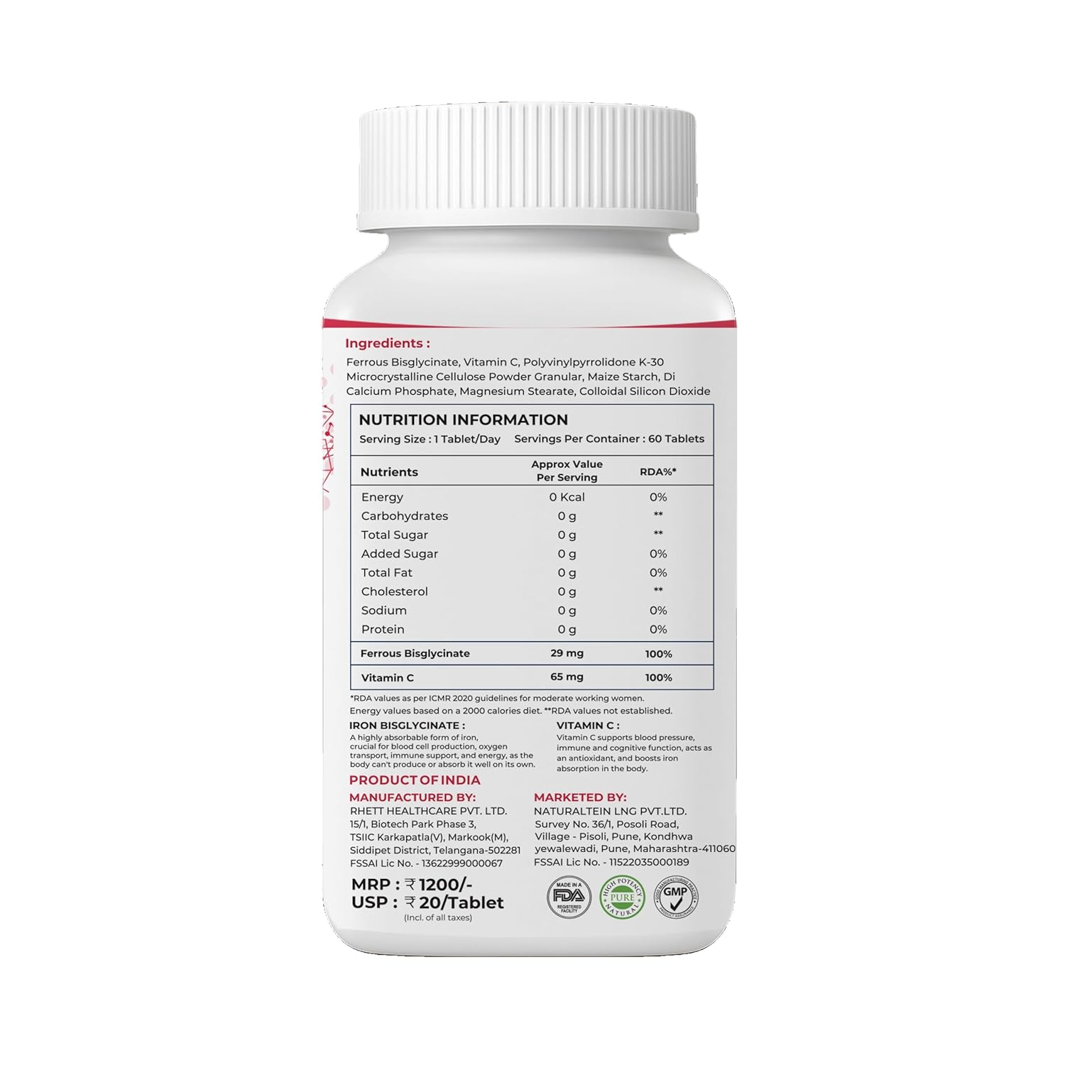 NATURALTEIN Iron Bisglycinate with Vitamin C â€“ 60 Tablets | 14 mg Elemental Iron | Gentle on Stomach | Supports Womenâ€™s Energy, Vitality & Healthy Blood Levels