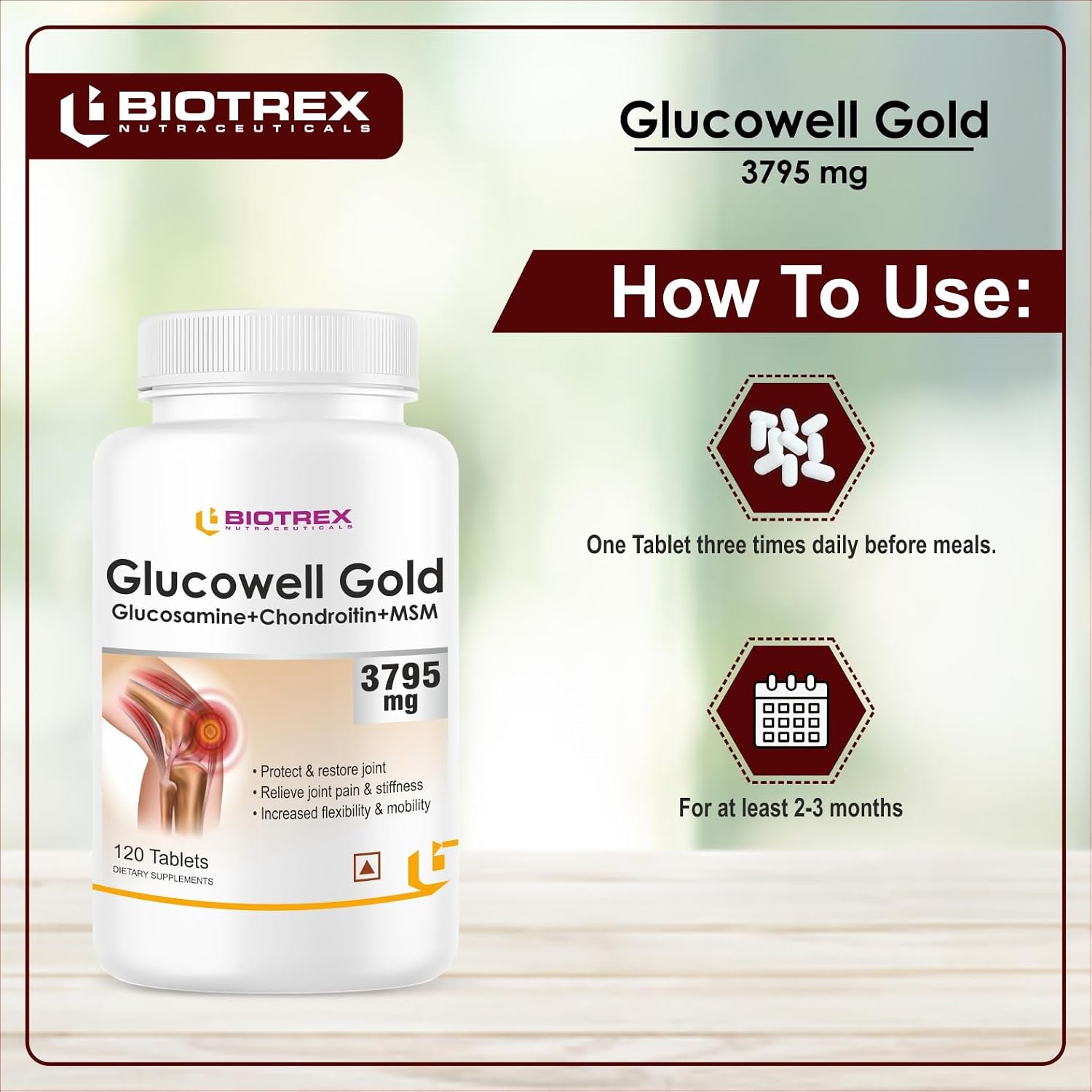 Biotrex Nutraceuticals Glucosamine+ Chondroitin + MSM 3795mg Glucowell GOLD - 120 Tablets, Cartilage & Joint Support Supplement, Glucosamine Chondroitin MSM for Joint Relieves Pain and Stiffness