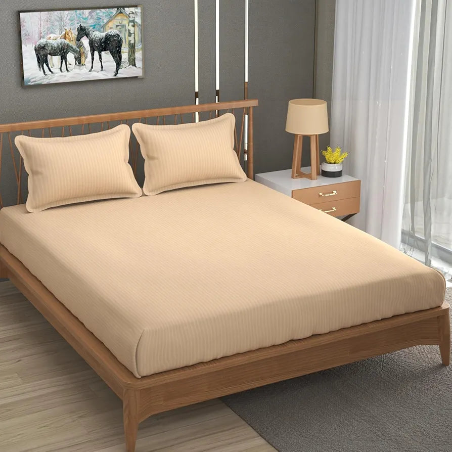 Homefab India 160 TC Stripe Glace Cotton Double BedSheet with 2 Pillow Covers Peach