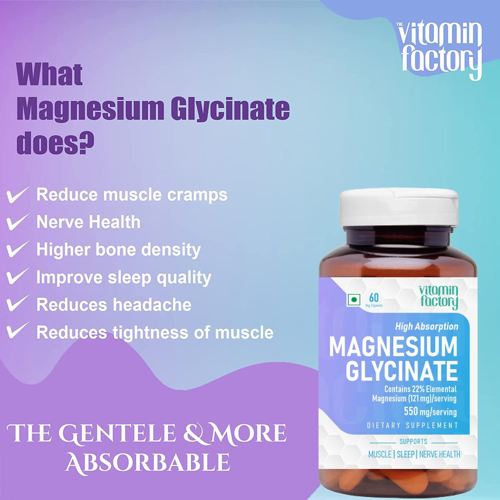 The Vitamin Factory Magnesium Glycinate Supplement - High Absorption Magnesium Supplements For Both Men & Women, Supports Sleep, Muscles & Nerve Health Supplements, 60 Vegetable Capsules