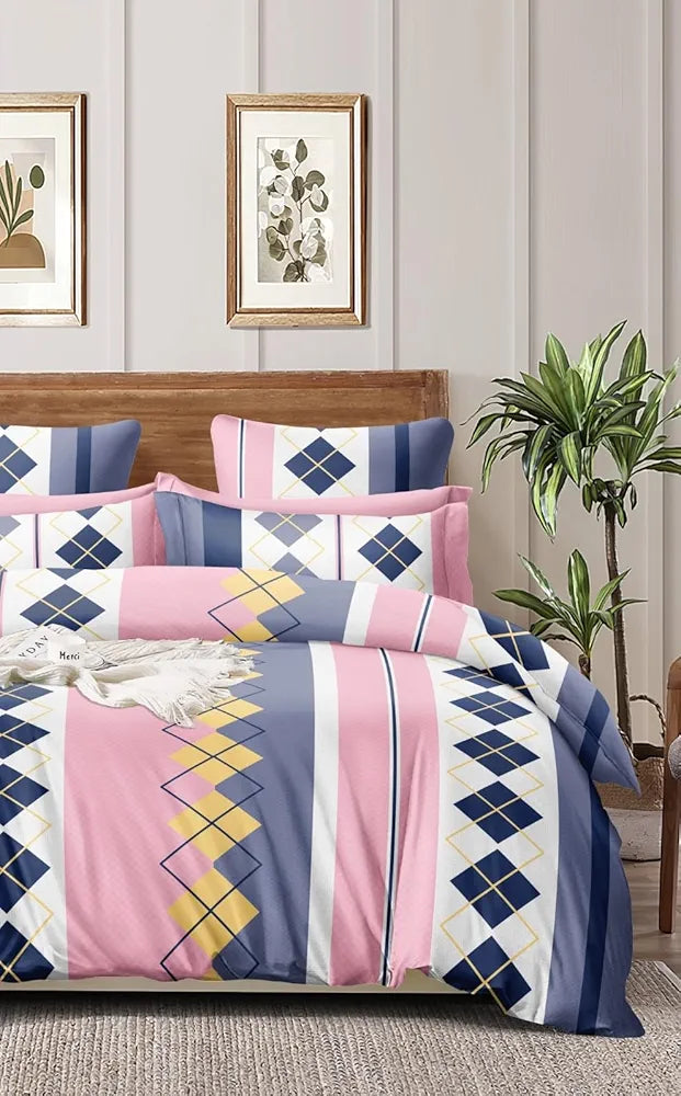 The Home Style Cotton Feel Glace Cotton Printed Double Bed Bedsheet With 2 Pillow Cover 300 TC Pink Check