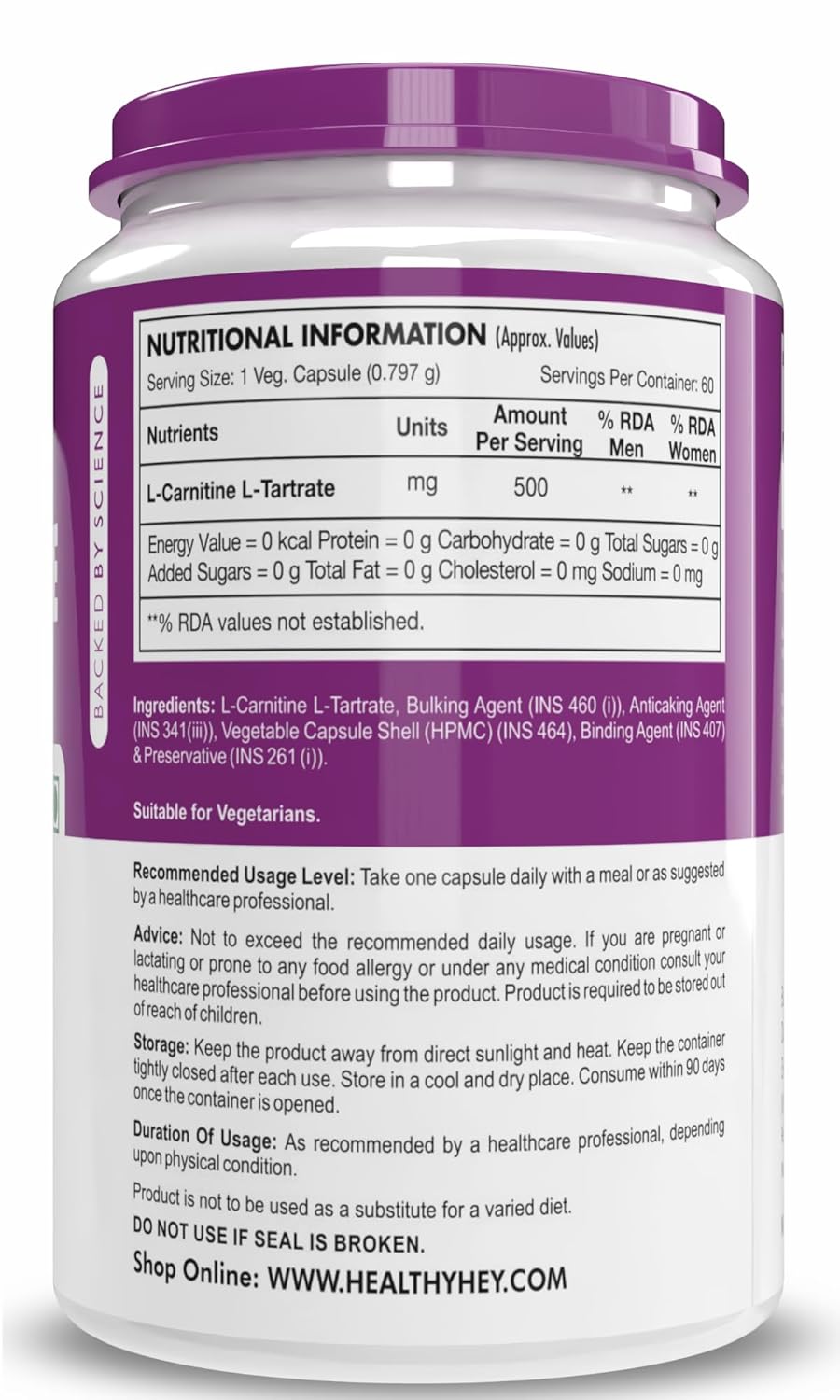 HealthyHey L-Carnitine & L-Tartrate (LCLT)-Support Transport of Fats to Muscles - 60 Vegetable Capsules (Pack of 1)