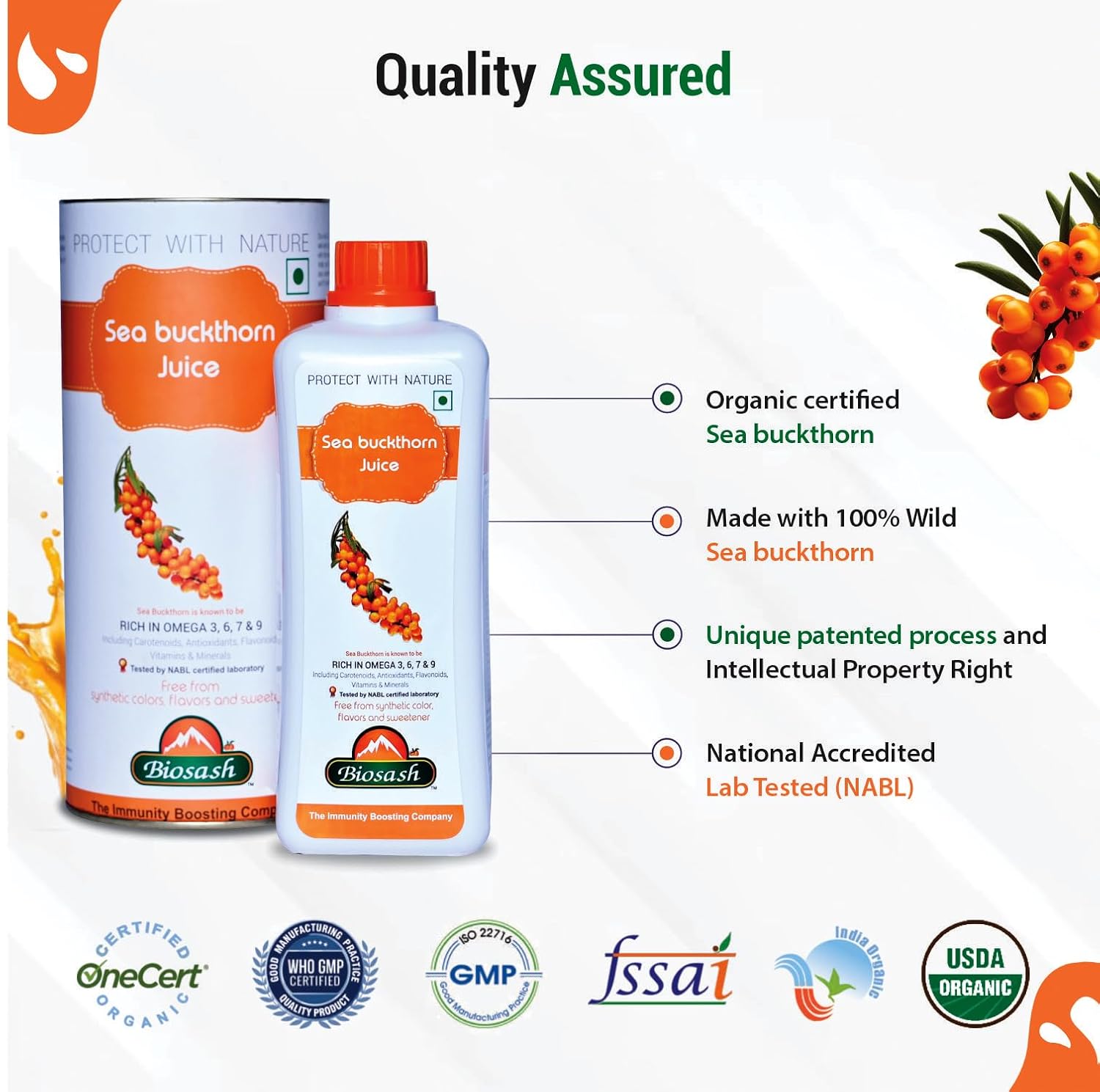 Biosash Sea Buckthorn Juice 250ml | Organic Cold-Pressed Pure Juice | Rich in Omega 3 6 7 9, Vitamins & Antioxidants | No Added Sugars, Sea Buckthorn Berries for Wellness Vitality &Immunity