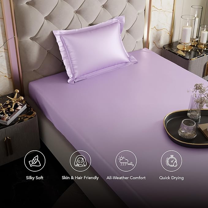 Stoa Paris Satin Elastic Fitted Bedsheets for Single Bed 300TC Premium 1 Pillow Cover Colour Lilac Affair
