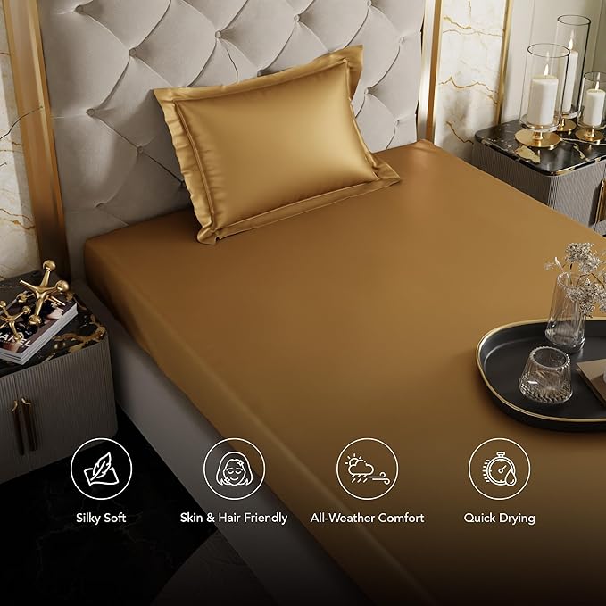 Stoa Paris Satin Elastic Fitted Bedsheets for Single Bed 300TC Premium 1 Pillow Cover Colour Gold