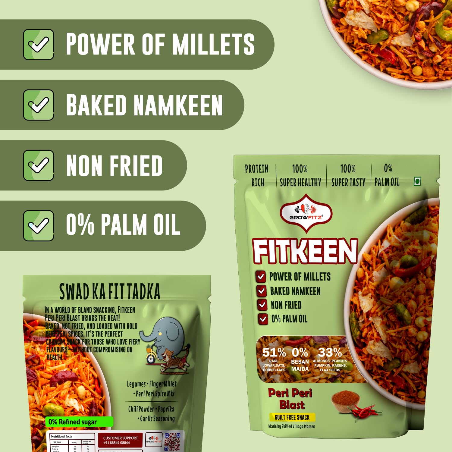 GROWFITZ Baked Namkeen Mixture 200g | Peri Peri Flavor | Non-Fried Millet Snack | 0% Palm Oil | 12.4g High Protein | Healthy Tea-Time Snack (200gram - Pack of 1, Peri Peri Spicy)