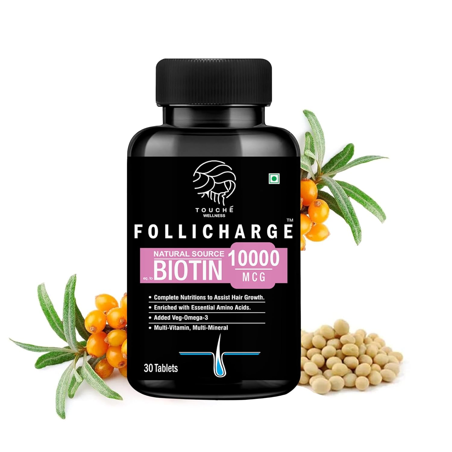 Touche Wellness Follicharge Tablets for Hair & Skin - Premium Formula with Biotin 10000 mcg with 18 Amino Acids, Mutli Minerals & Multivitamins for Men And Women 30 Tablets Bottle