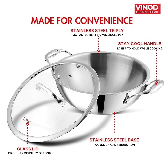 Vinod Platinum Triply Stainless Steel Extra Deep Kadai with Glass Lid 4.8 Litre (28 cm) | 2.5mm Thick | Kadai for Cooking