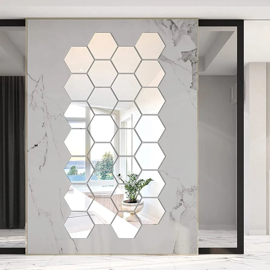 Bikri Kendra 28 Hexagon Silver with 20 Butterfly Stickers for Wall Mirror Stickers 3D Acrylic Stickers
