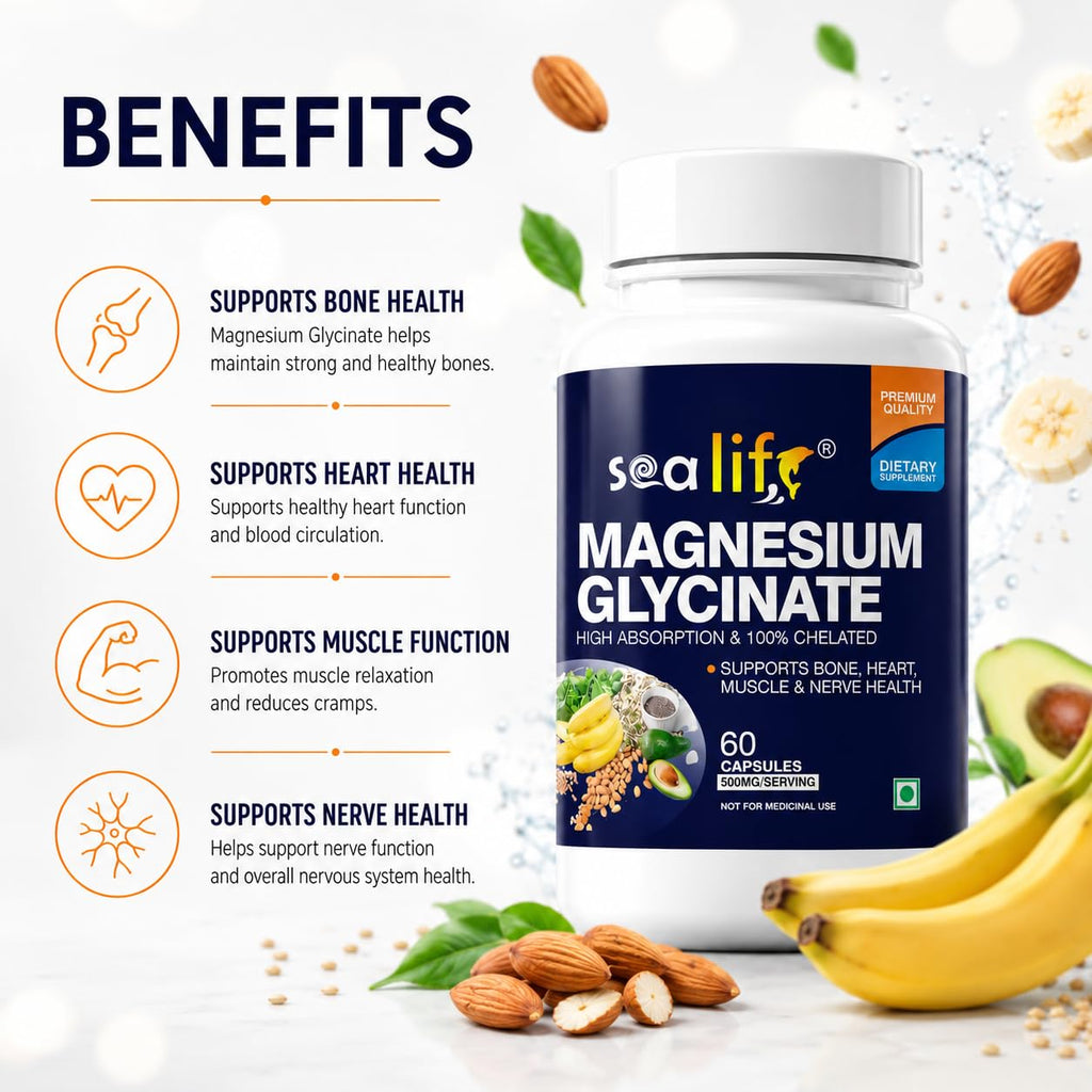 Sea Life Magnesium Glycinate 500 Mg Capsules |60 Veg Capsules | Magnesium Supplement | Improves Muscle & Nerve Function| Anti Stress Supplement | Better Sleep Quality | (Pack of-1)