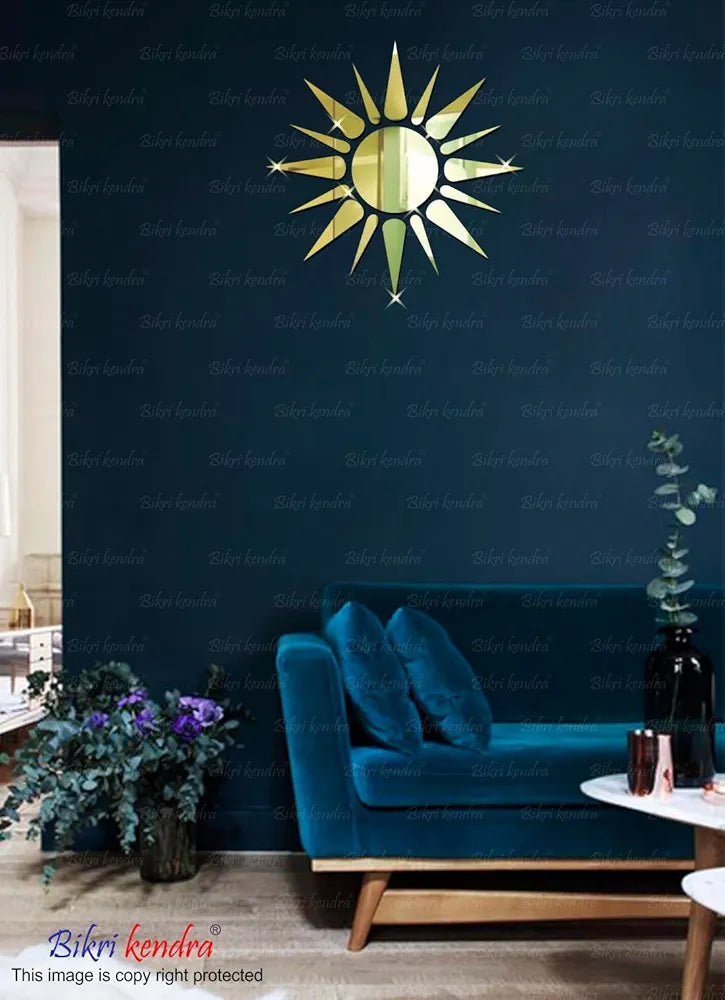Bikri Kendra Sun Golden Model-2 Mirror Stickers for Wall, Acrylic Mirror Wall Decor Sticker