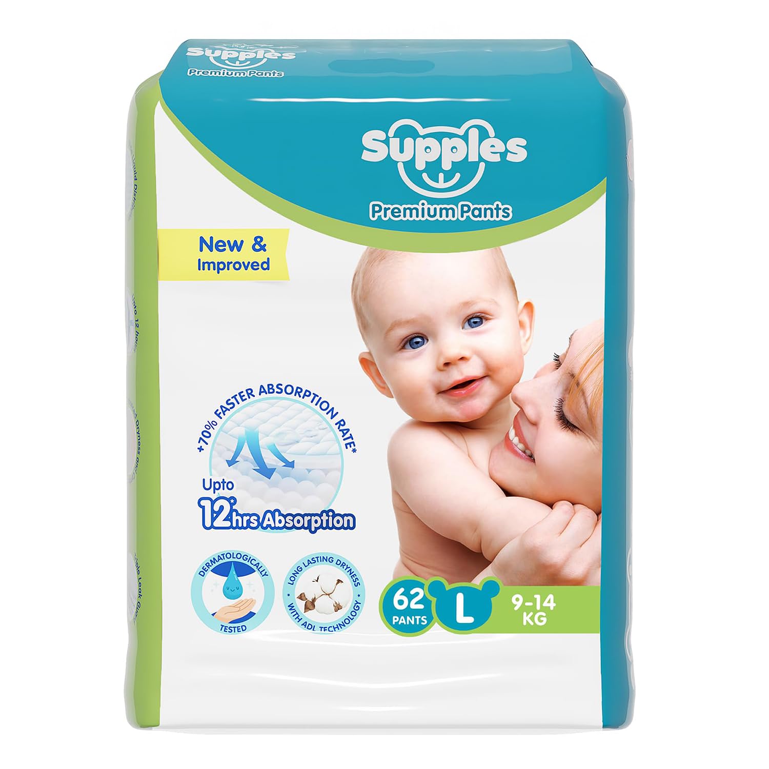 Supples Premium Baby Diaper Pants | 62 Baby Diapers | Large | 9-14 Kg | 12 Hrs Absorption | Cushiony Cotton Soft Fabric | Phthalates-Free | Triple Leak Guard