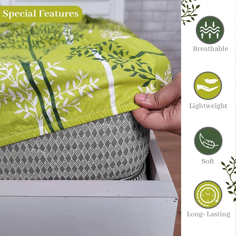 Divine Casa 144 TC Floral Green 100% Cotton Elastic Fitted Bedsheet for Double Bed with 2 Pillow Covers Colour Green