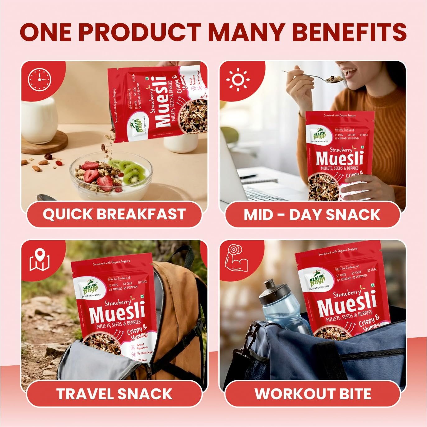 Health Ninja Strawberry Muesli | High Protein Breakfast Cereal | Oats, Almonds, Chia, Flax & Pumpkin Seeds | 900 g (Strawberry)