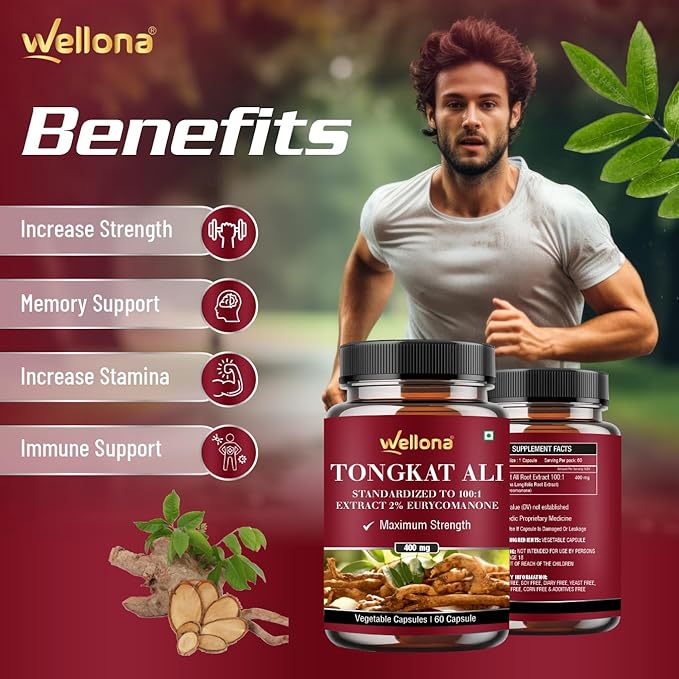 Wellona Tongkat Ali Supplement Root Extract 400mg - 60 caps Each (Pack of 3)