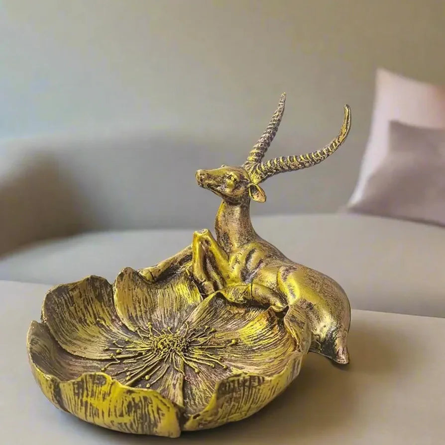Alila Deer Hiren on Tray Bowl Polyresin Statue Showpiece Idol for Gifting Golden 8x7x6 Inches