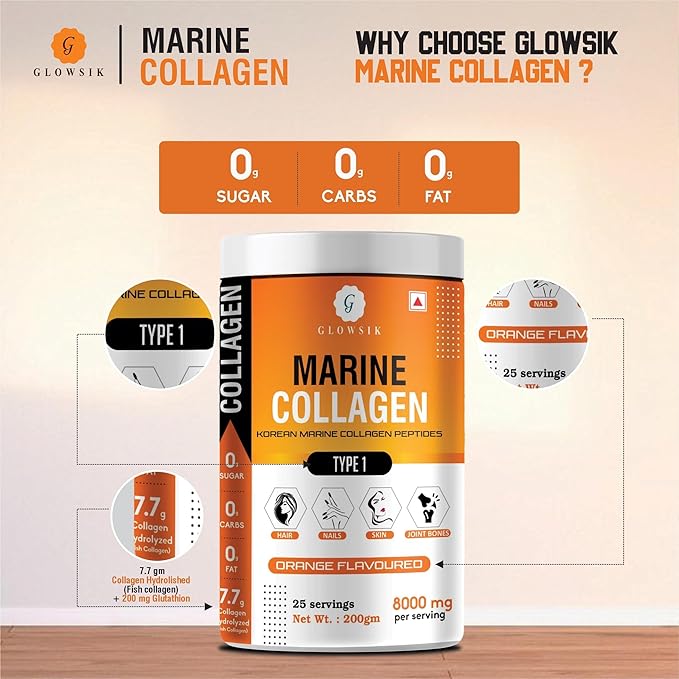 Glowsik Korean Marine Collagen Powder | Marine Collagen Supplements for Women and Men - 400 Gms | Oranges