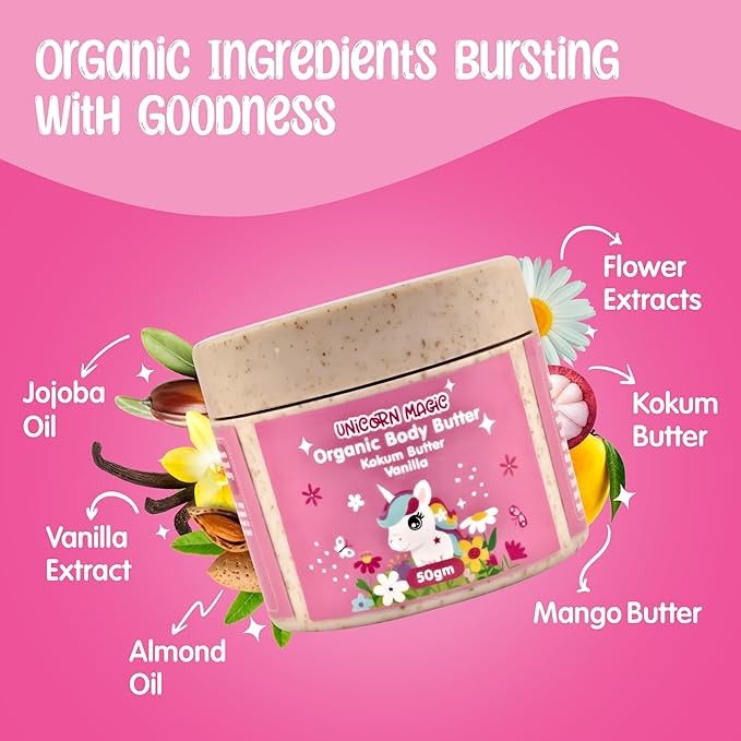 Puddles Organic Kids Body Butter Cream Unicorn Magic - Age 2-12 Years - 50 gms