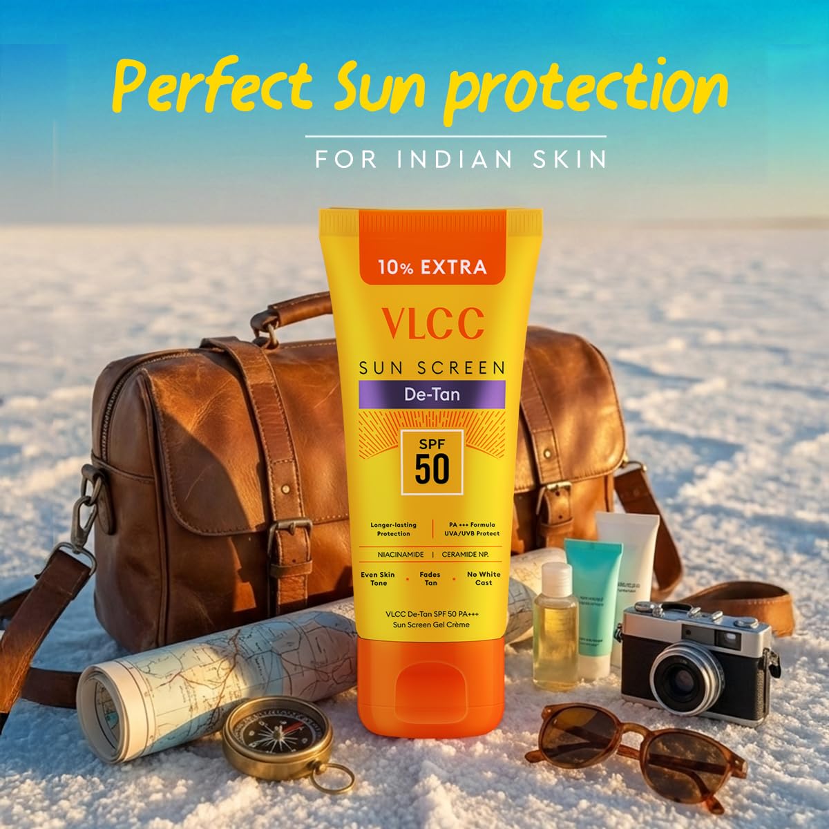 VLCC All Skin De-Tan SPF 50 PA+++ Sunscreen Gel Crème - 100g + 10g Extra | With Cucumber, Carrot, and Saxifraga Extracts | Enhances Glow, Protects from UVA, UVB Rays, and Help Reduce Dark Patches.