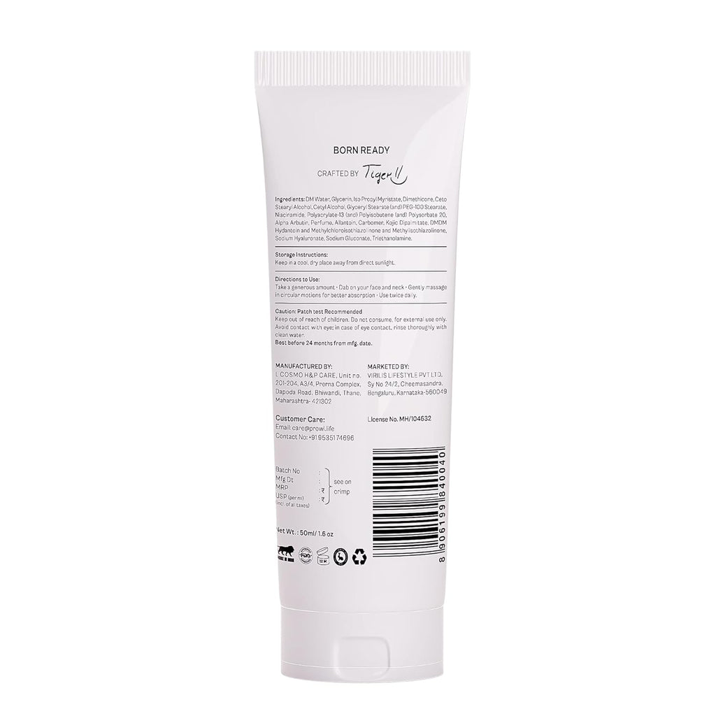 PROWL by Tiger Shroff Face Brightening Moisturizer Cream 5% Kojic Acid, Alpha Arbutin, Niacinamide & Hyaluronic Acid Daily Use Moisturiser For Dry Oily Combination All Skin Type, Warm Woody,50ml