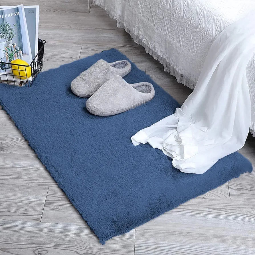 Luxe Home International Ruffle Bath Mat Rabbit Fur 1000 GSM Bathroom Door Rectangular Foot Mats 45X75 CmColour Blue