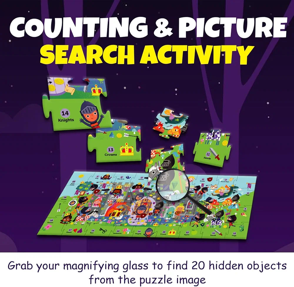 Playqid Learn to Count Numbers 1-20 Knights & Dragons Jigsaw Floor Puzzle for Kids Age 2-5 Years Fairytale Princess Castle Hidden Pictures