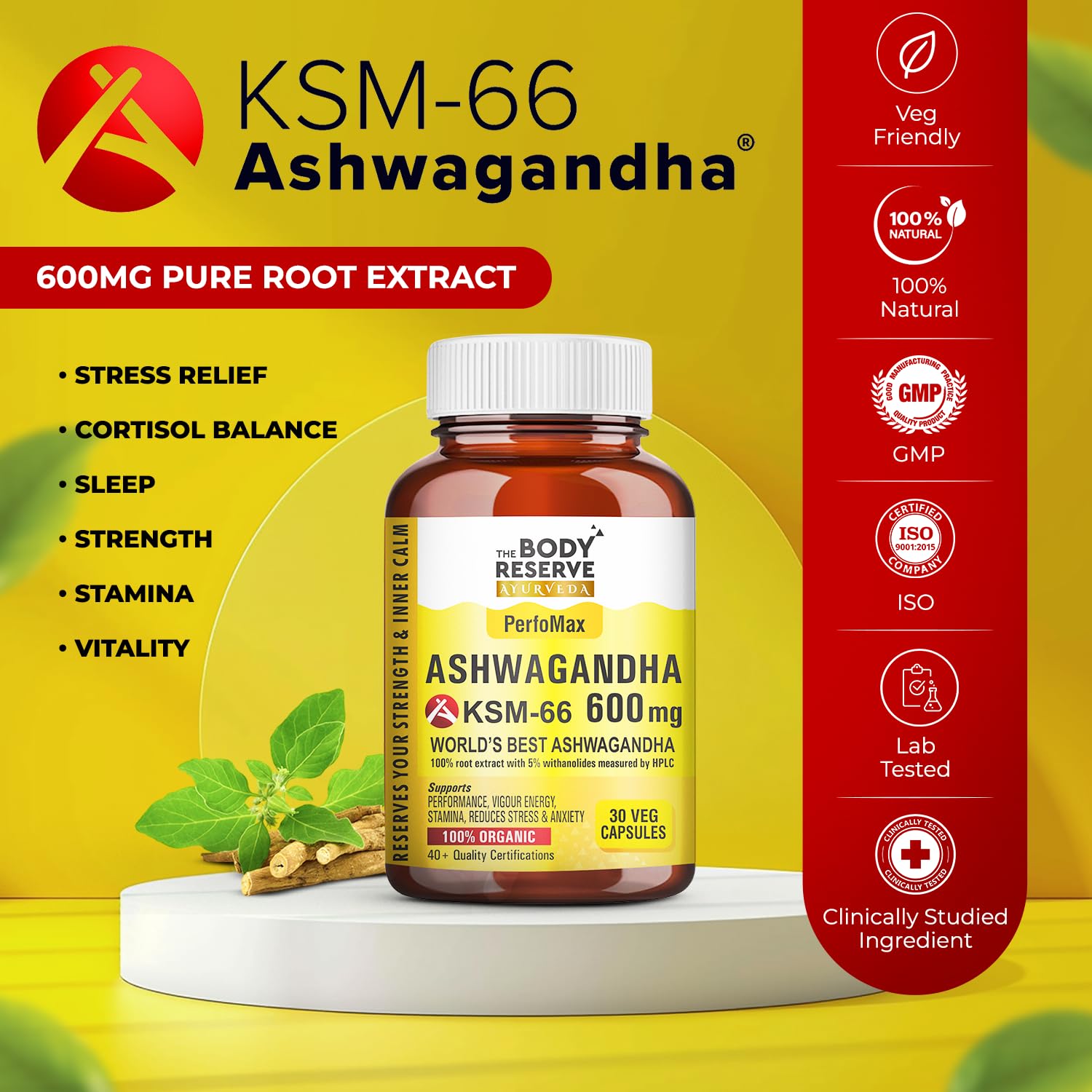 The Body Reserve Ashwagandha KSM66-30 Capsules Ashwagandha KSM 66 for men & Women Supports Stress Management & Muscle Recovery
