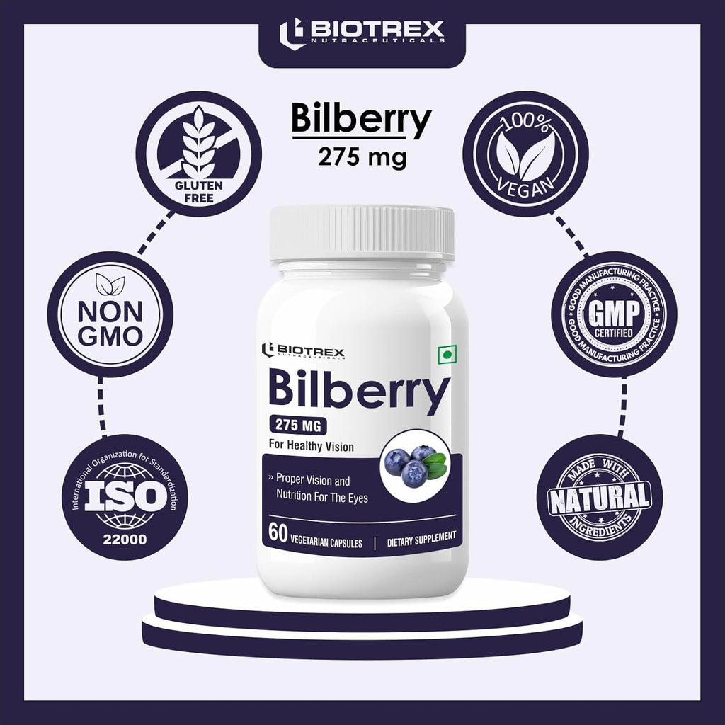 Biotrex Nutraceuticals Bilberry Extract 275mg | Anthocyanidins | Healthy Vision, Antioxidant & Eye Health Supplement | 60 Capsules