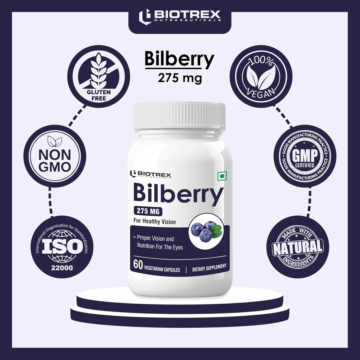 Biotrex Nutraceuticals Bilberry Extract 275mg | Anthocyanidins | Healthy Vision, Antioxidant & Eye Health Supplement | 60 Capsules