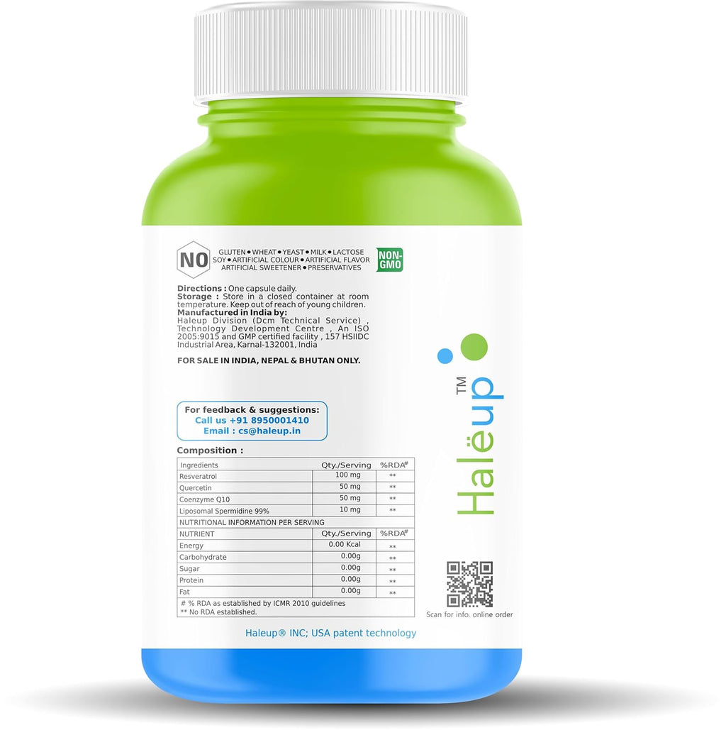Haleup USA 99% Liposomal Spermidine Trihydrochloride with Resveratrol| For Healthy Ageing | Autophagy| Cell Renewal | Immunity| Skin and Hair | Cognitive Support (1 pack X 60s count)