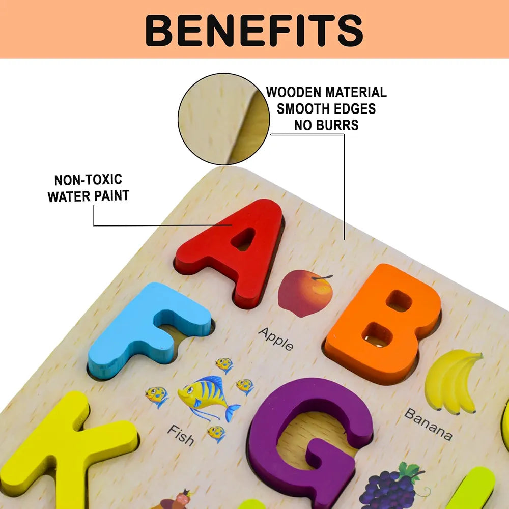 Wishkey 3d wooden capital alphabet puzzles with pictures for children, montessori educational learning letters puzzle board toy- Multi color