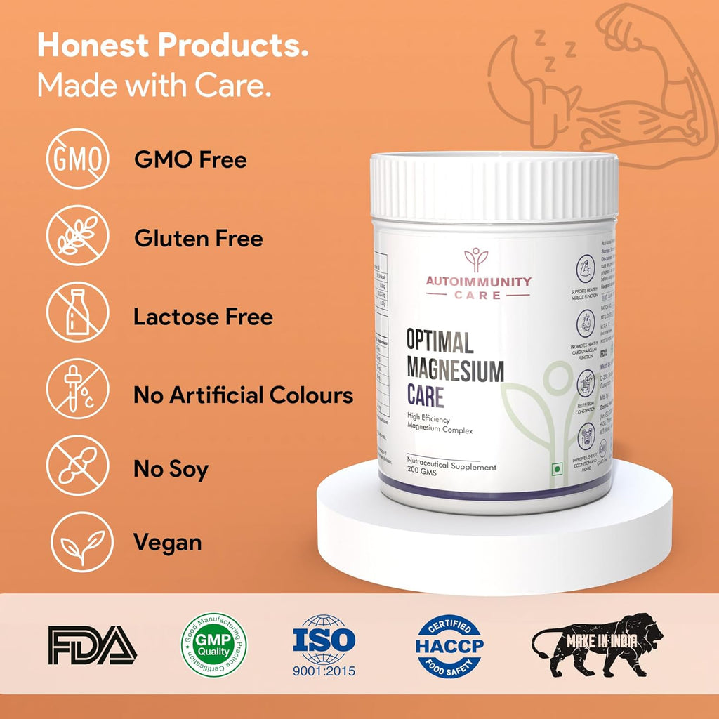Autoimmunity Care Optimal Magnesium Care – 4-in-1 Magnesium Complex with B6 | Magnesum Glycinate, Citrate, Malate & Oxide | Supplement for Sleep, Stress, Muscle Cramps, Bones & Nerves | 200 gm (50 Servings)