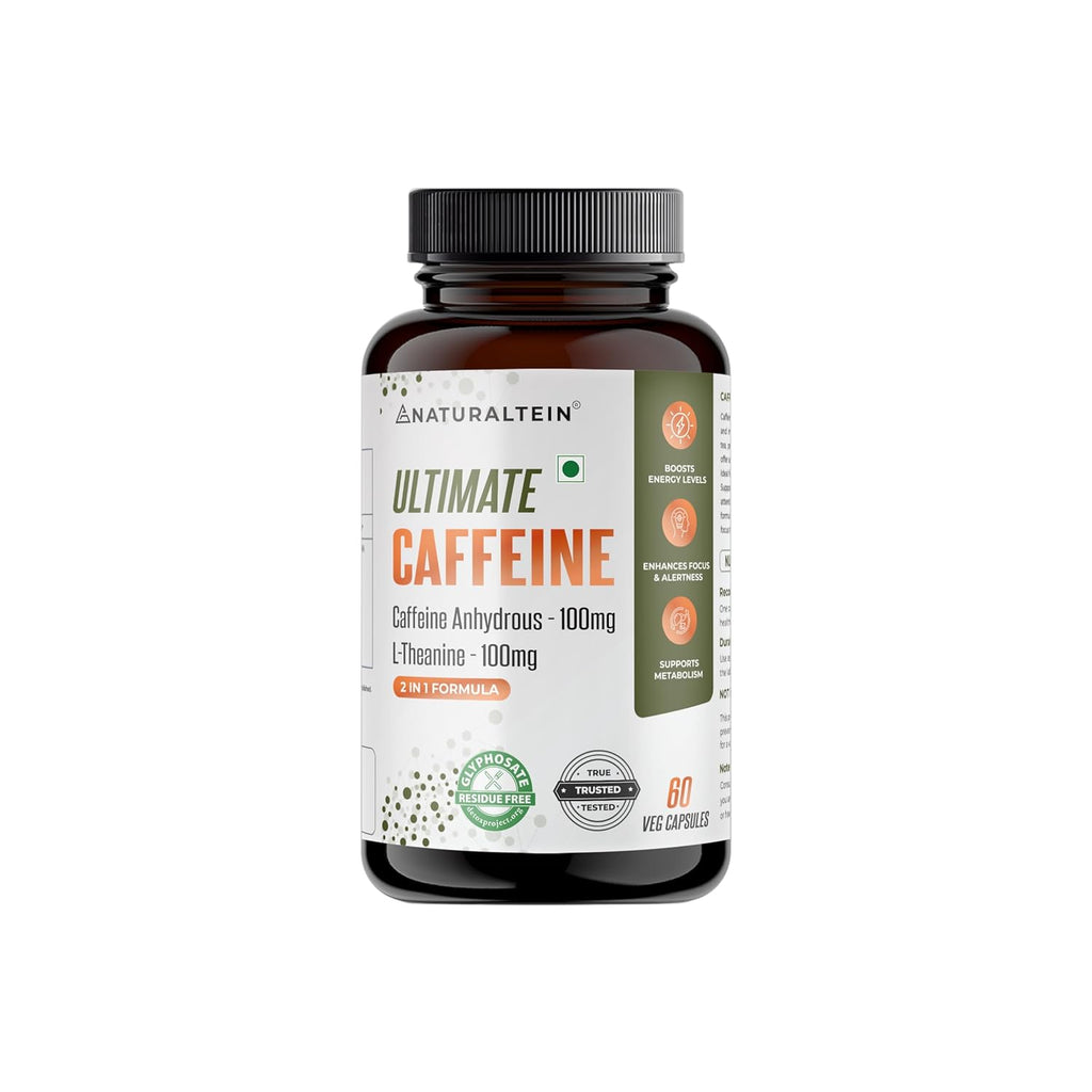 NATURALTEIN Ultimate Caffeine with L-Theanine | 100mg Caffeine + 100mg L-Theanine | Energy, Focus & Alertness Support | 2-in-1 Formula | 60 Veg Capsules