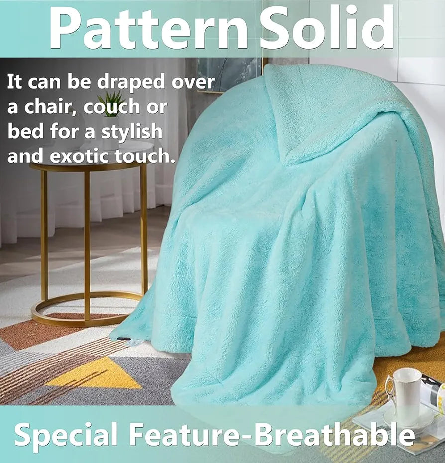Homekart Faux Rabbit Fur with Sherpa Luxurious Soft Reversible Blanket for Single Size Bed 500GSM Blanket Color- Aqua