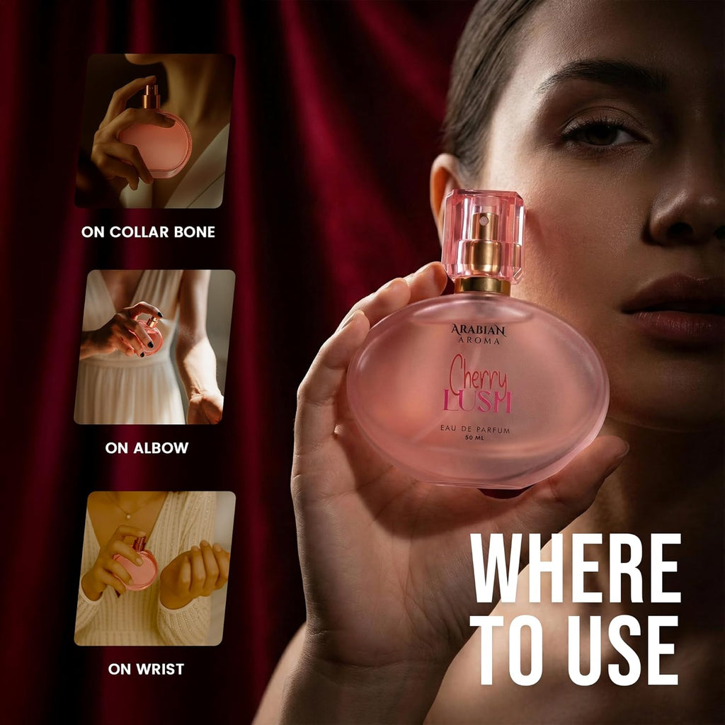 Arabian Aroma Cherry Lush Eau De Parfum for Women, Long Lasting Fruity Floral Perfume with Raspberry, Cherry Blossom, Jasmine, Musk & Amber, 50ML