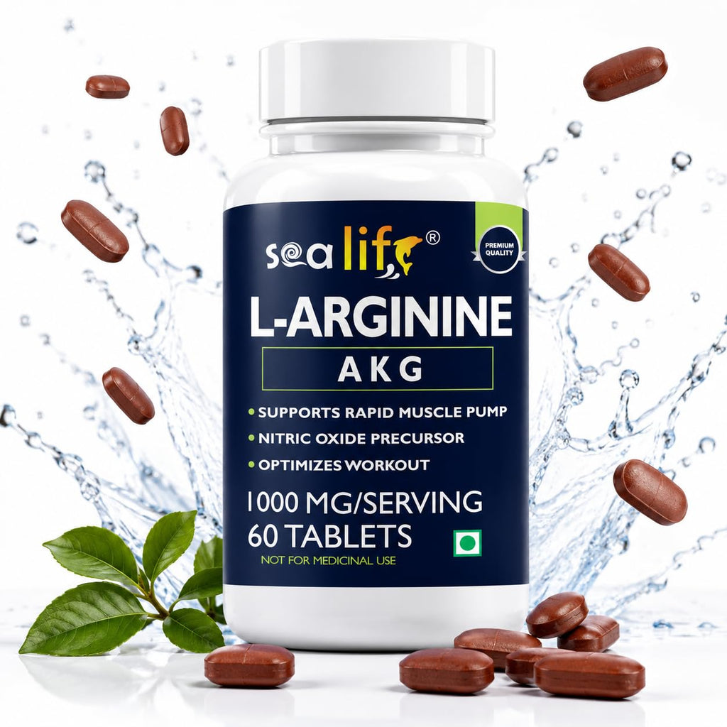 Sea Life L-Arginine AKG 1000 mg (60 Veg Tablets) | Boosts Stamina & Supports Rapid Muscle Pump | Nitric Oxide Precursor | Muscle Building Amino Acid | High Absorption L Arginine Supplement