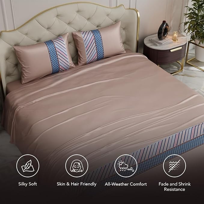 Stoa Paris Bedsheets for Double Size Bed Satin Bedsheet Set Colour Chateau Charisma-Champagne