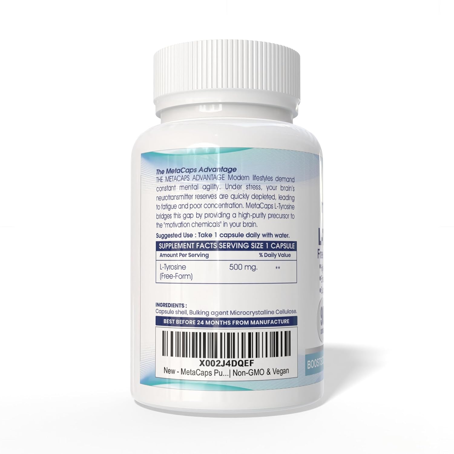 MetaCaps Pure L-Tyrosine 500mg – 90 Veg Capsules | High-Potency Amino Acid for Brain Support | Enhances Focus, Mental Clarity & Alertness | Stress Management & Mood Balance | Non-GMO & Vegan