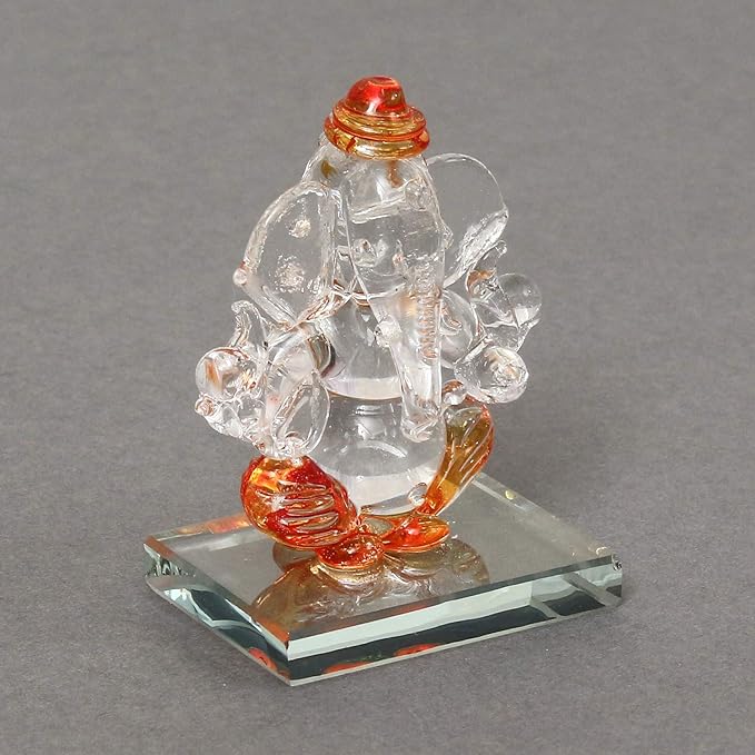 Ecraftindia Orange and Transparent Double Sided Crystal Car Ganesha Showpiece
