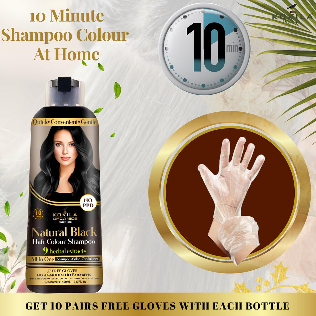 Kokila NO PPD Shampoo Hair Colour - Black 400ml for Women and Men | Natural Extracts | Colours Hair in 10 Minutes | Ammonia Free, Paraben Free - 10 Pair Free Gloves