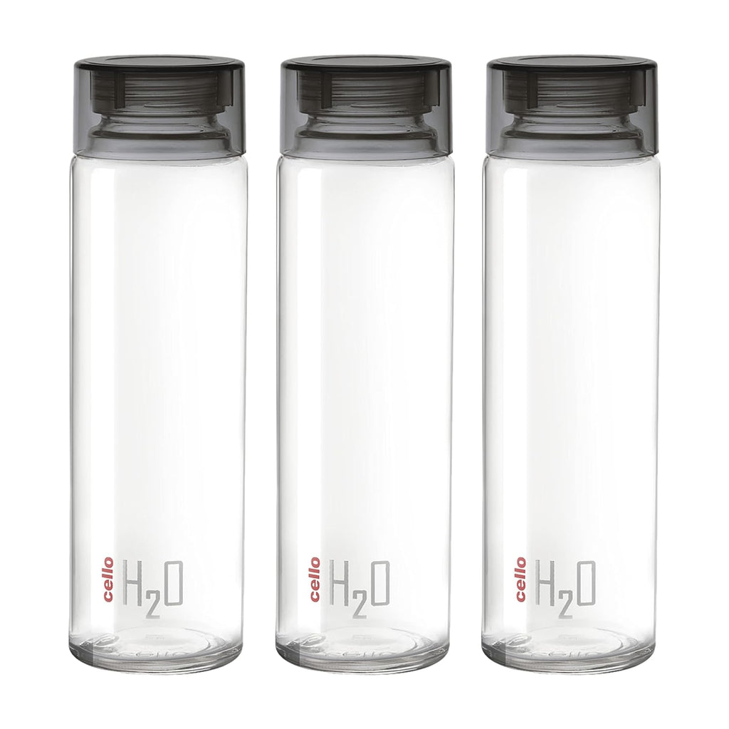 Cello H2O Glass Fridge Water Bottle with Plastic Cap | 920 ml | Set of 3 | Black