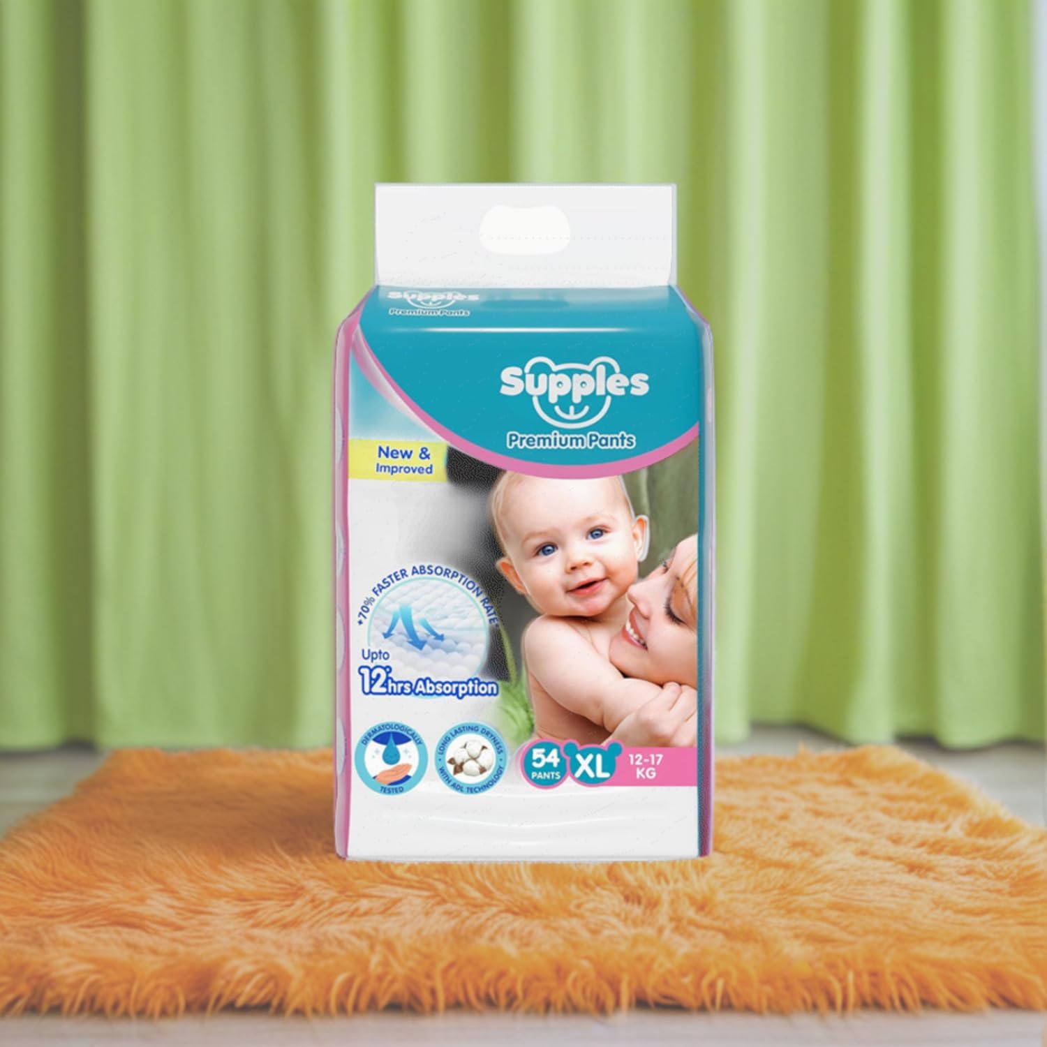 Supples Premium Baby Diaper Pants | 54 Baby Diapers | XL | 12-17 Kg | 12 Hrs Absorption | Cushiony Cotton Soft Fabric | Phthalates-Free | Triple Leak Guard