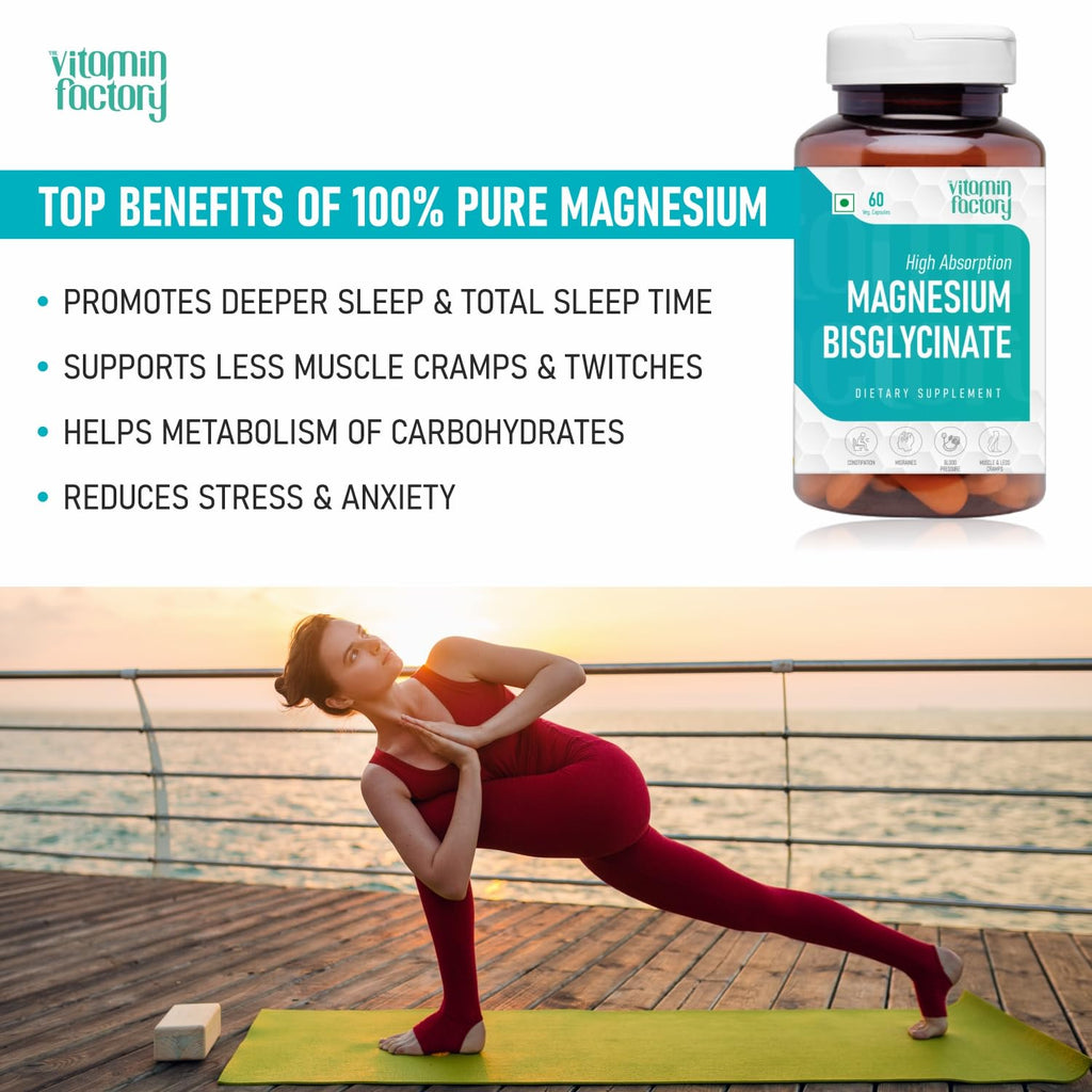The Vitamin Factory Magnesium Bisglycinate Supplement - High Absorption Magnesium Supplements For Both Men & Women, Supports Sleep, Muscles & Nerve Health Supplements, 60 Vegetable Capsules