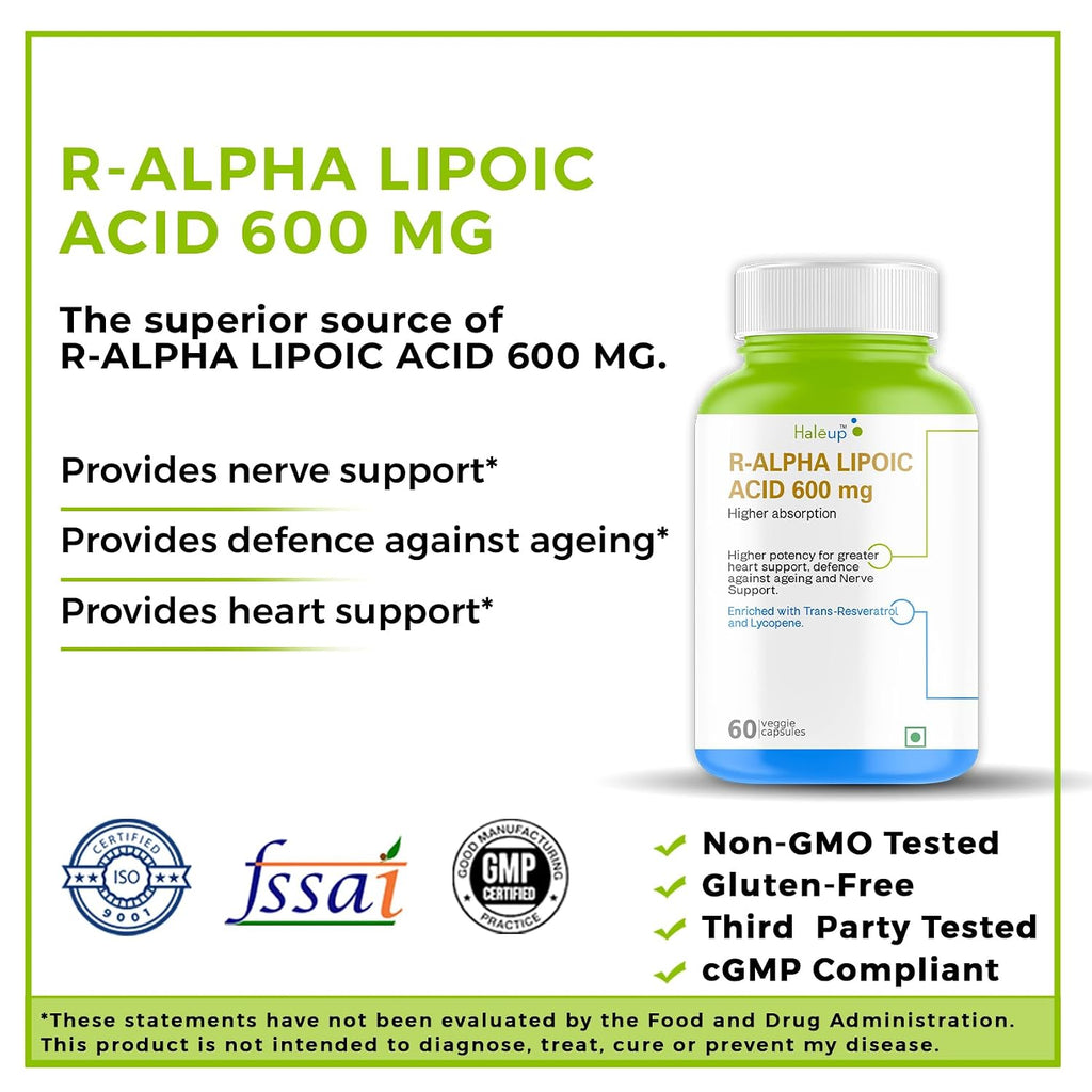 Haleup Alpha Lipoic Acid, 600 mg II Enriched with Lycopene & Resveratrol || Healthy Liver || Heart || Blood Sugar & Potent Antioxidant, (1 Pack X 60s Count)