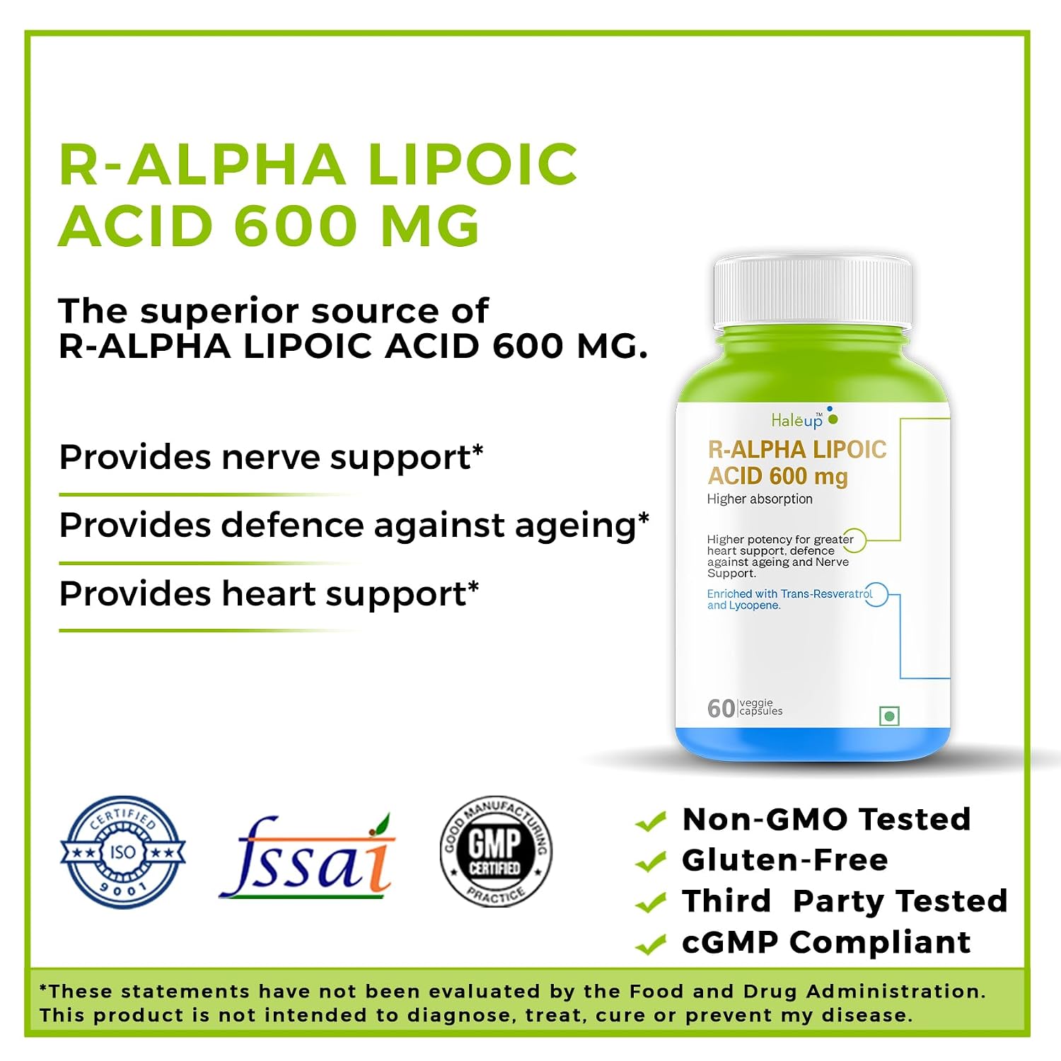 Haleup Alpha Lipoic Acid, 600 mg II Enriched with Lycopene & Resveratrol || Healthy Liver || Heart || Blood Sugar & Potent Antioxidant, (1 Pack X 60s Count)