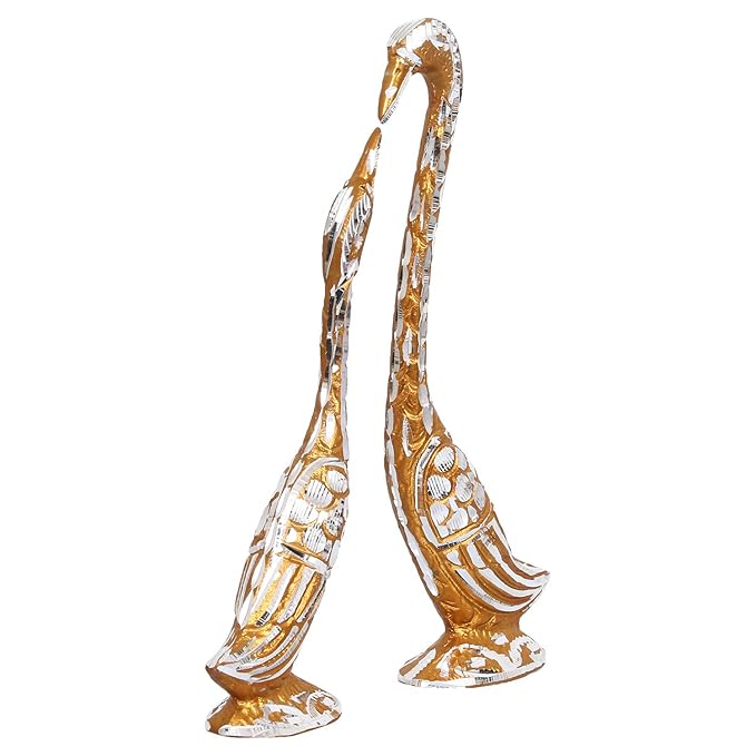 Artisyn Silver and Golden Metal Loving Kissing Swan Couple Statue Cute Love Birds Figurines Showpieces