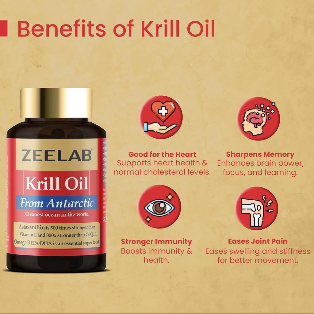 Zeelab Krill Oil Capsules with Omega-3 (EPA & DHA), Astaxanthin & Vitamin E | Supports Heart, Brain, Joint & Eye Health | Easy Absorption Softgel Supplement